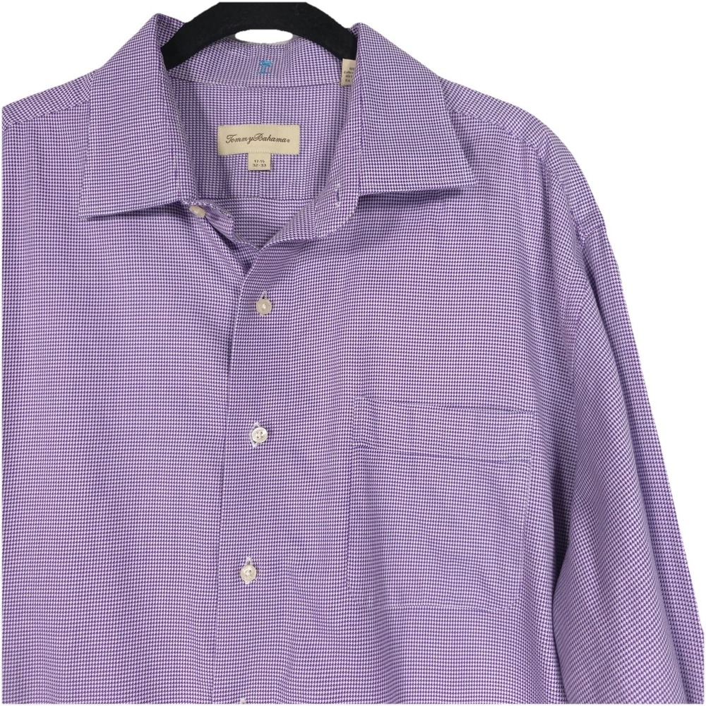 TOMMY BAHAMA Purple White Checks Long Sleeve Button Front Shirt Size 17.5 READ !